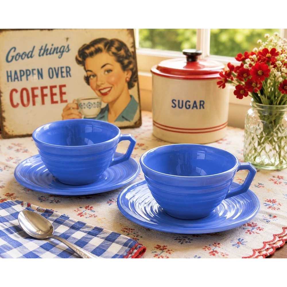Vintage Hazel Atlas Moderntone Platonite Blue Cup Saucer Sets Lot of 2